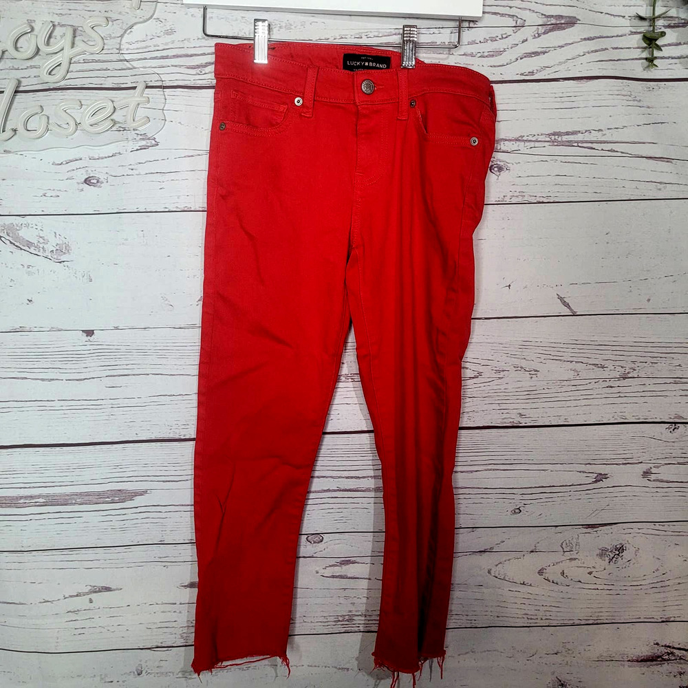 Lucky‎ Brand Red Denim Straight Leg Low Rise Raw Hem Jeans Womans Size 2